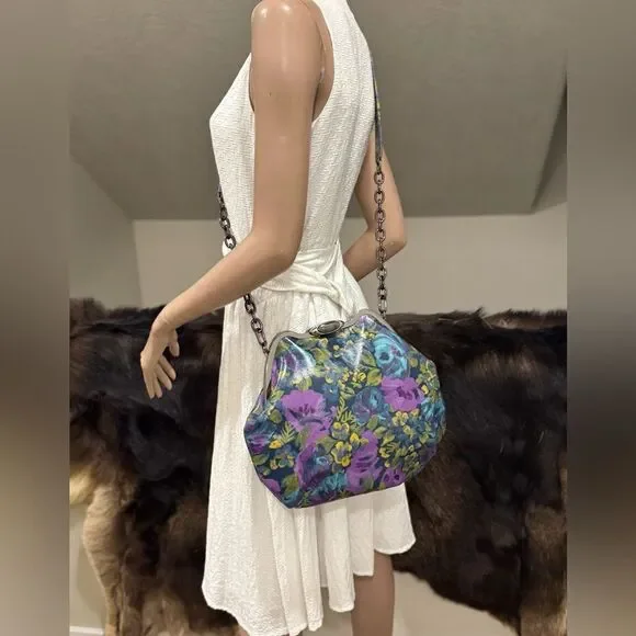 Original Design! Cowhide Leather Floral Print Handmade Metal Frame Slouchy Bag - Picture 5 of 16